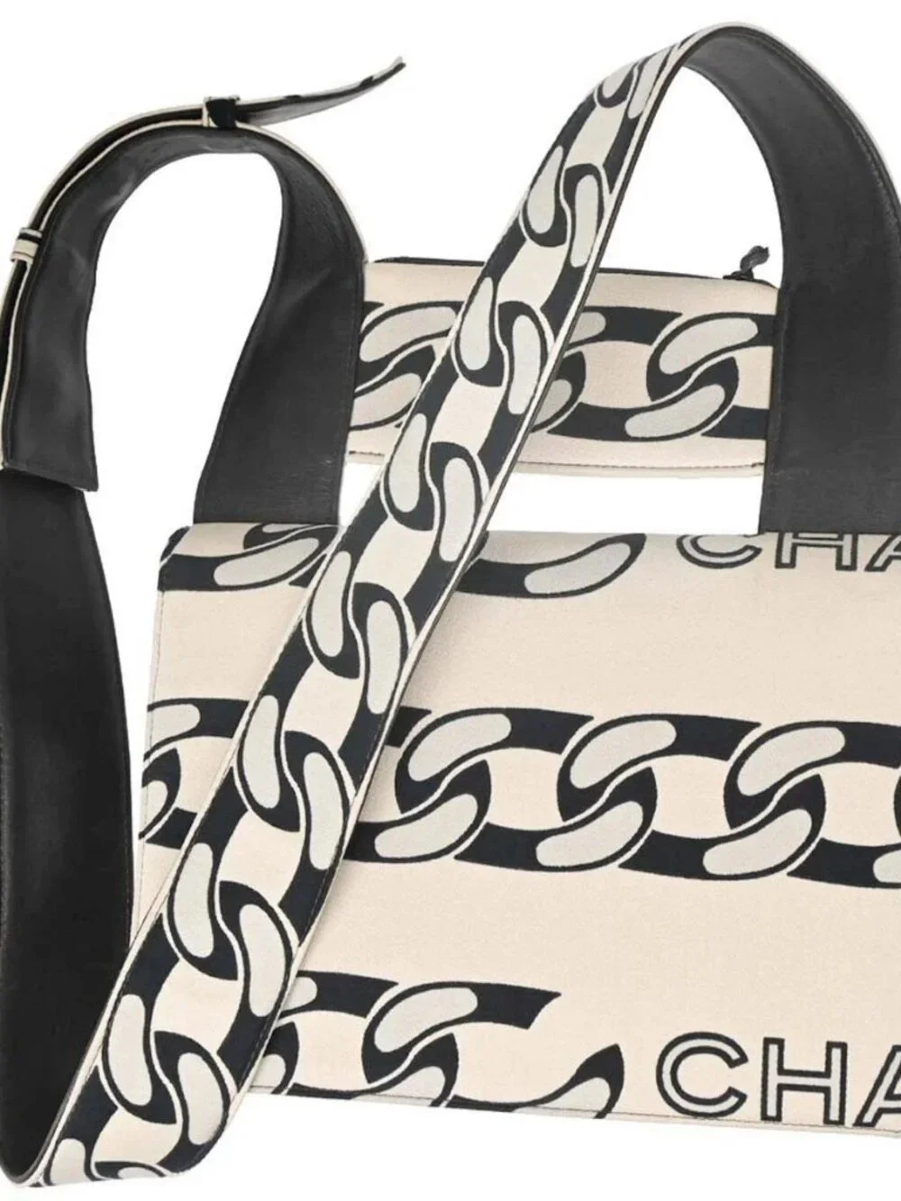 Chanel Beige Black Canvas Graphic Logo Mademoiselle Lock Shoulder Bag 168570